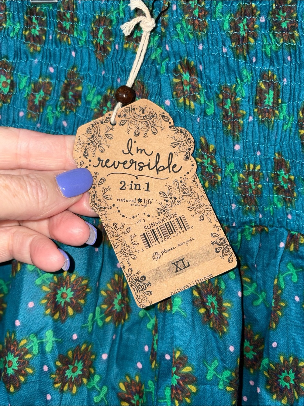 NWT Natural Life Reversible 2-in-1 Skirt XL Floral Boho Pink Teal Smocked Waist - Picture 5 of 7